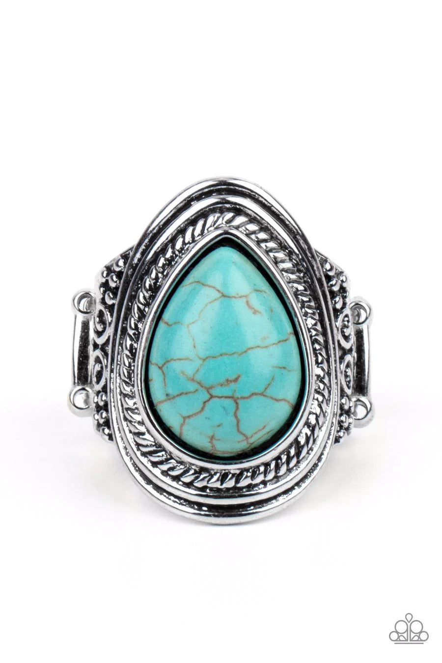 Saguaro Scene - Blue Turquoise Crackle Teardrop Stone Silver Ring