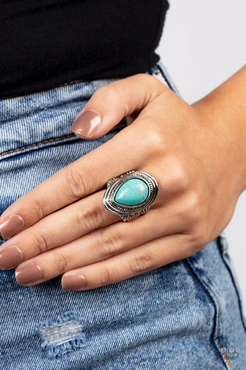 Saguaro Scene - Blue Turquoise Crackle Teardrop Stone Silver Ring