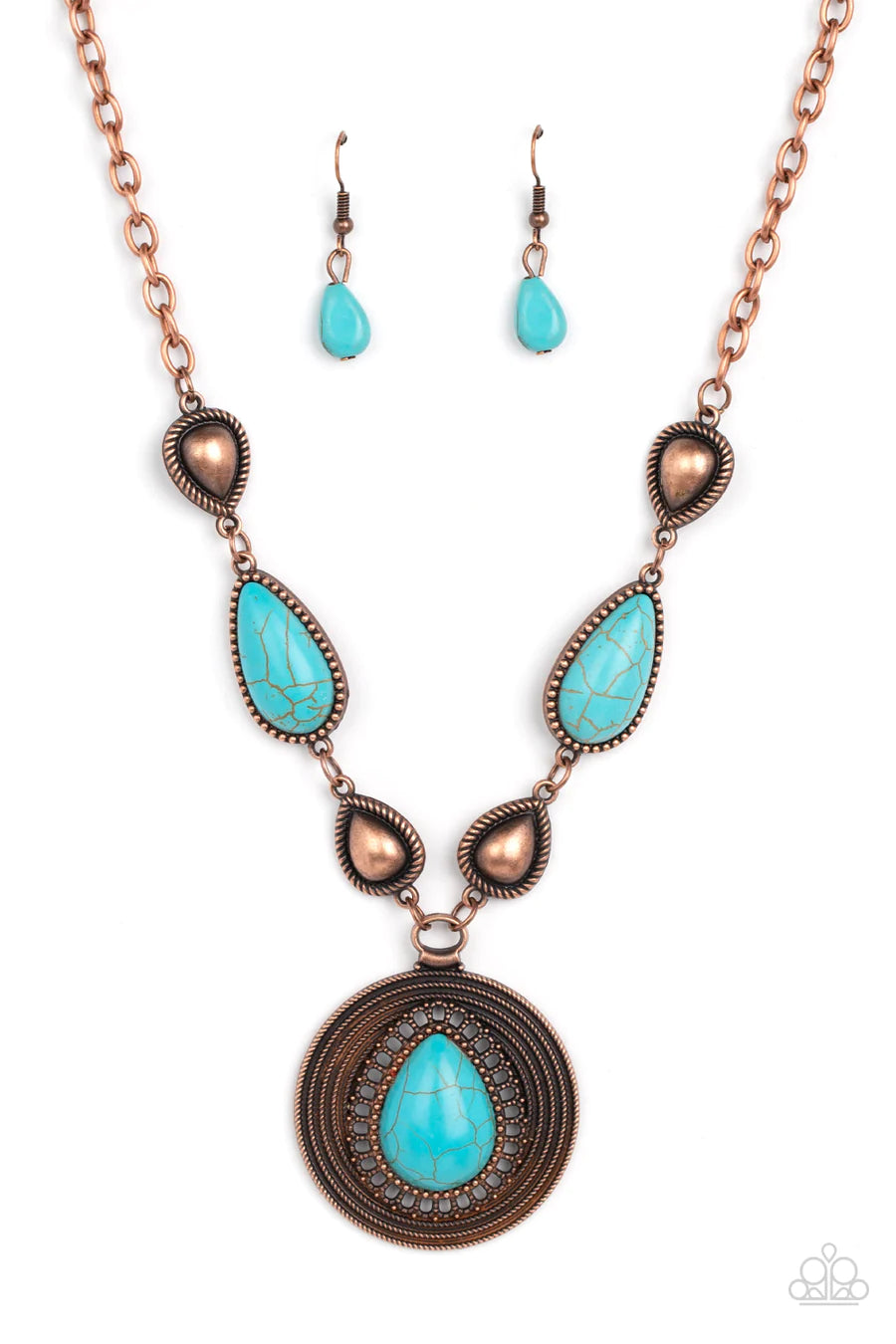 Saguaro Soul Trek - Copper and Turquoise Crackle Stone Teardrop Pendant Short Necklace