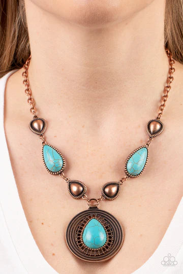 Saguaro Soul Trek - Copper and Turquoise Crackle Stone Teardrop Pendant Short Necklace