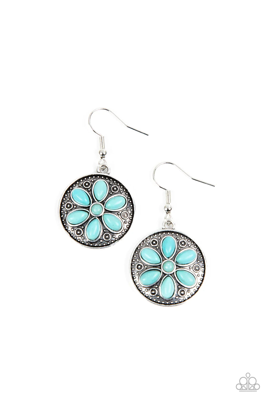 Saguaro Spring - Blue Turquoise Stone Floral Silver Fishhook Earrings