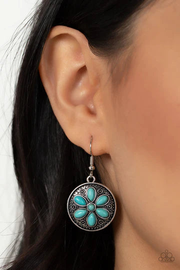 Saguaro Spring - Blue Turquoise Stone Floral Silver Fishhook Earrings