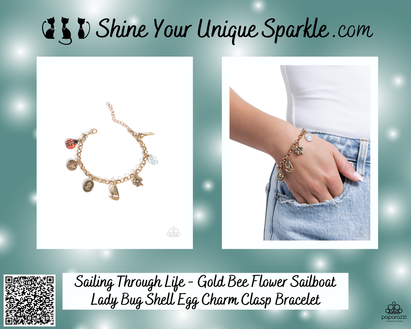 Sailing Through Life - Gold Bee Flower Sailboat Lady Bug Shell Egg Charm Clasp Bracelet