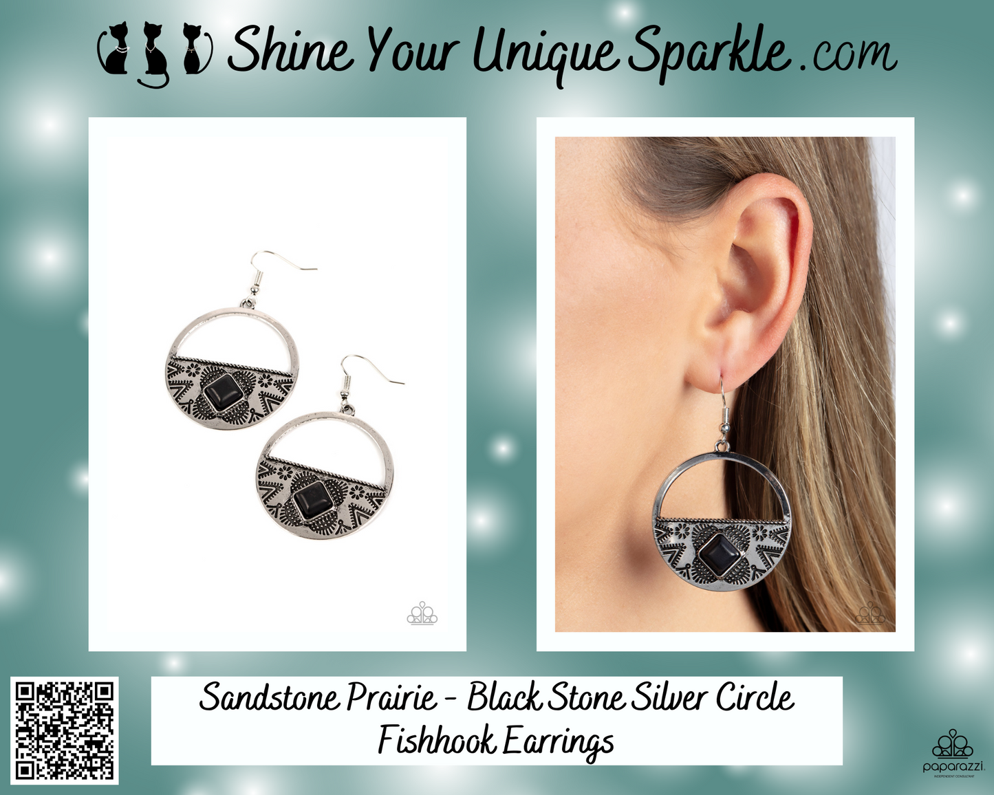 Sandstone Prairie - Black Stone Silver Circle Fishhook Earrings