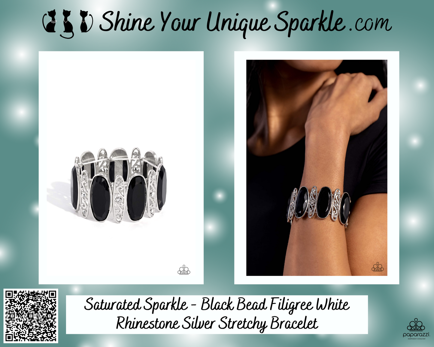 Saturated Sparkle - Black Bead Filigree White Rhinestone Silver Stretchy Bracelet