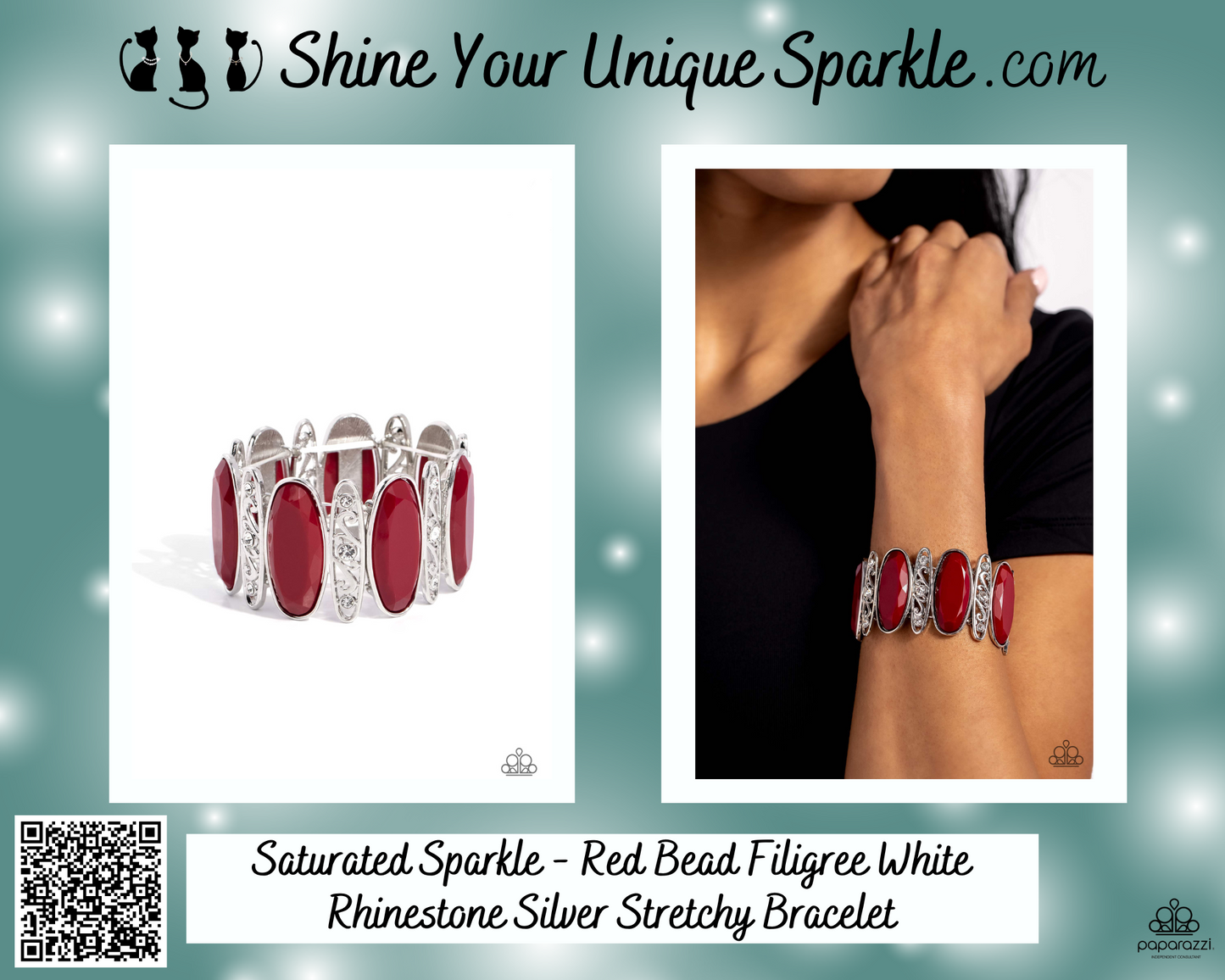 Saturated Sparkle - Red Bead Filigree White Rhinestone Silver Stretchy Bracelet