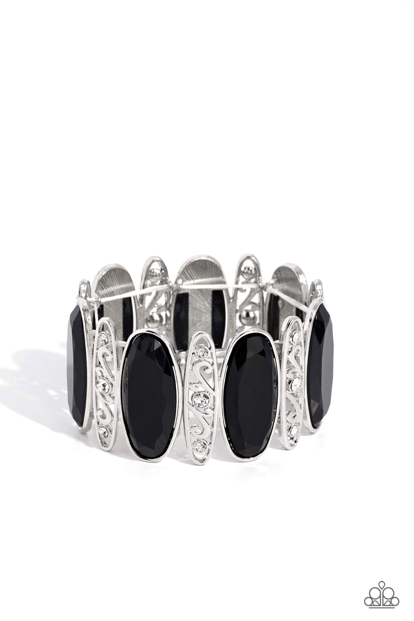 Saturated Sparkle - Black Bead Filigree White Rhinestone Silver Stretchy Bracelet