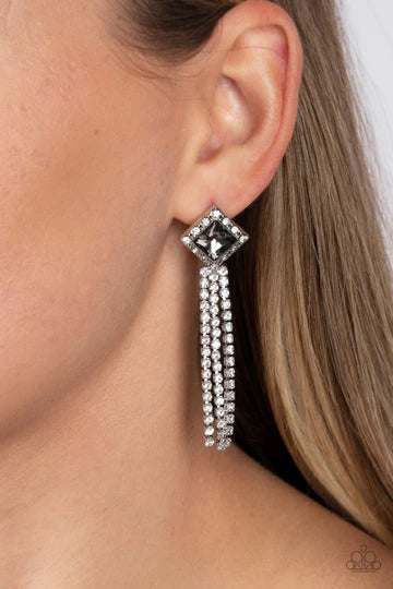 Seasonal Sparkle - Silver Hematite Gem Fringe Post Earrings