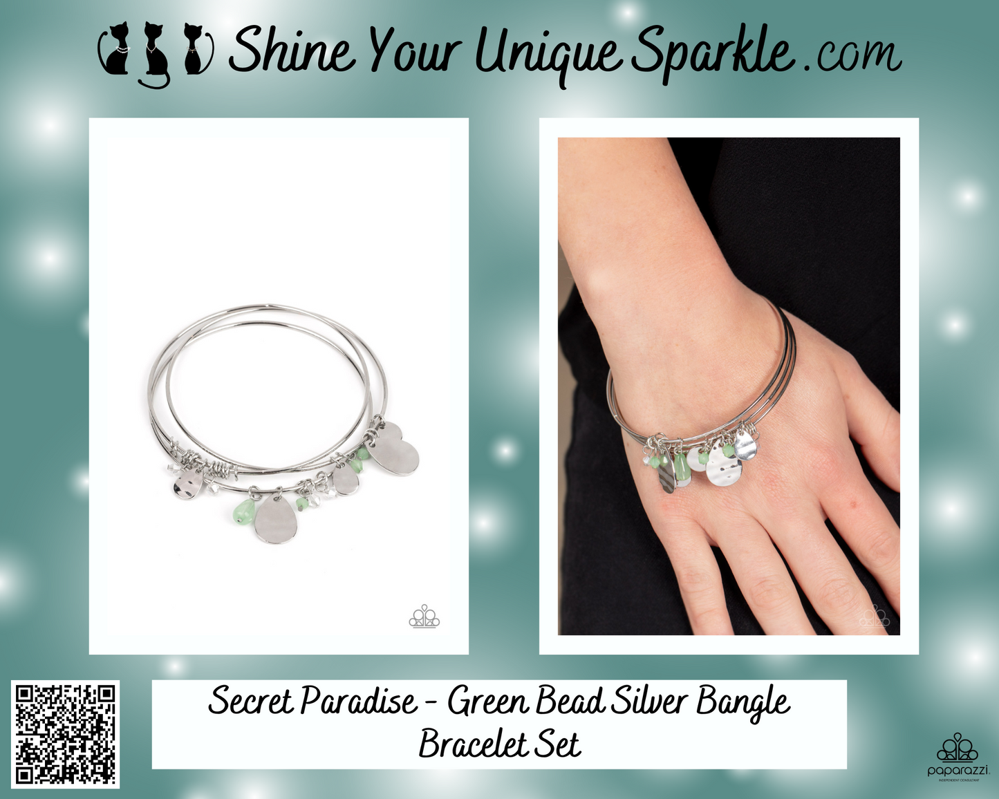 Secret Paradise - Green Bead Silver Bangle Bracelet Set