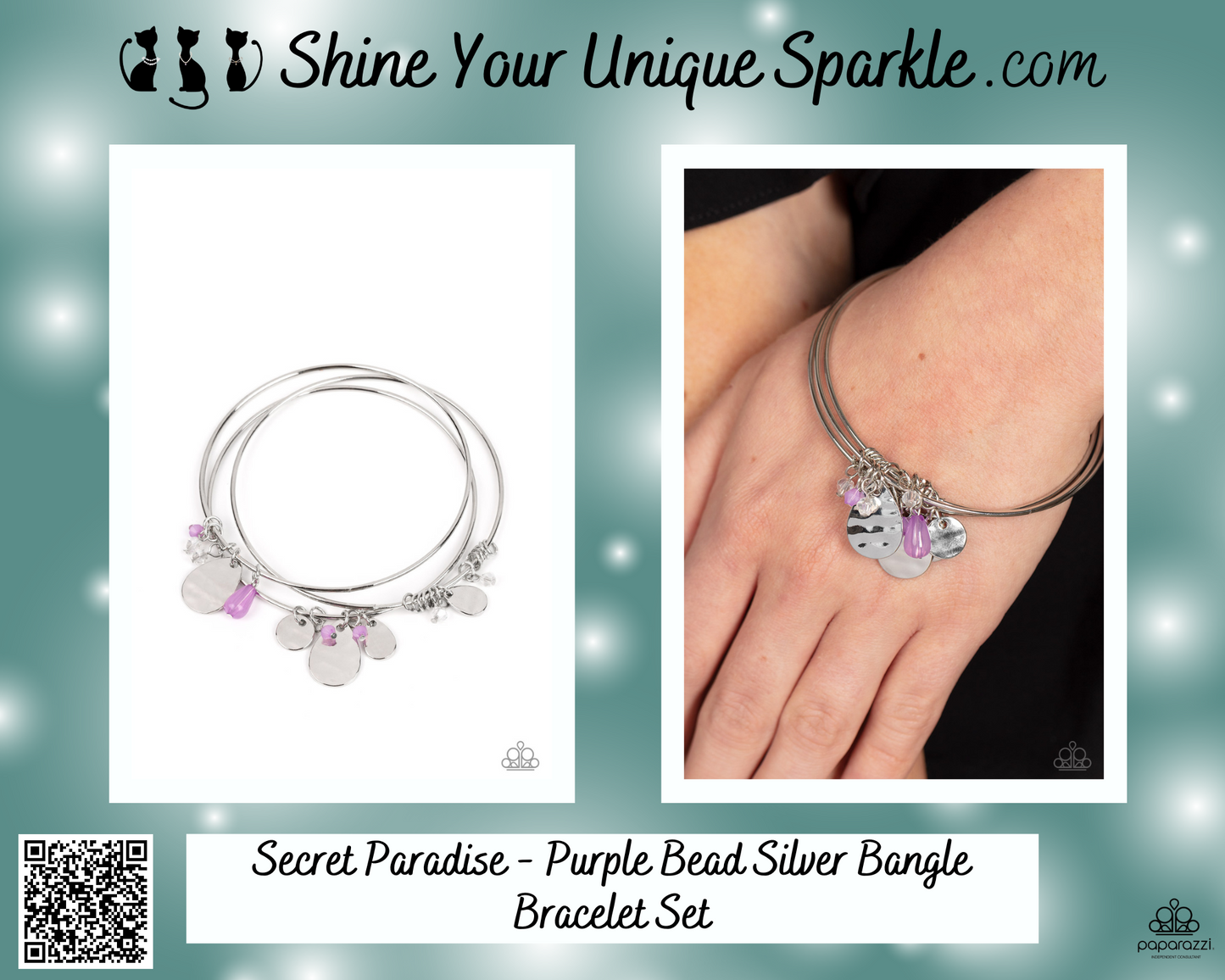 Secret Paradise - Purple Bead Silver Bangle Bracelet Set