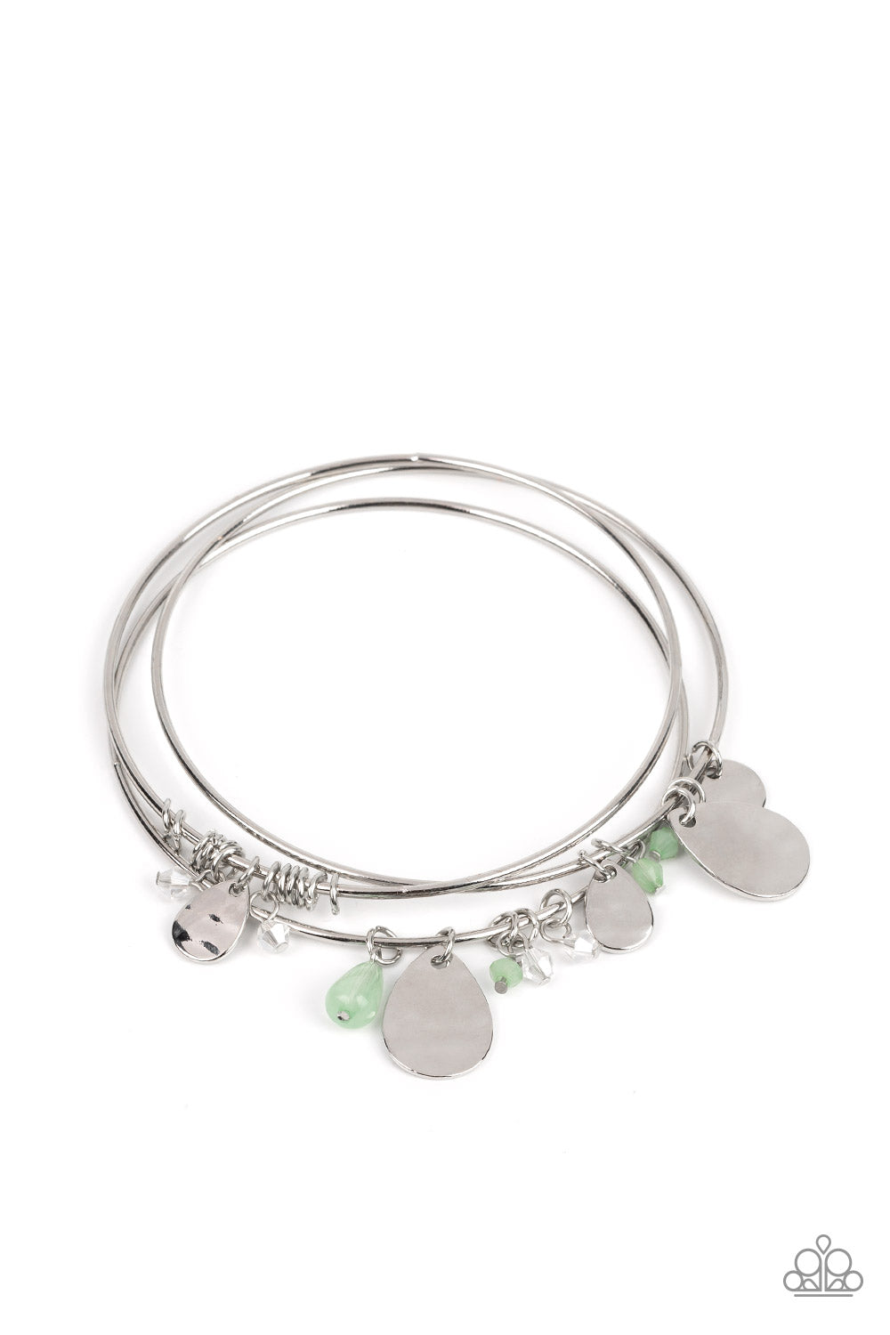 Secret Paradise - Green Bead Silver Bangle Bracelet Set