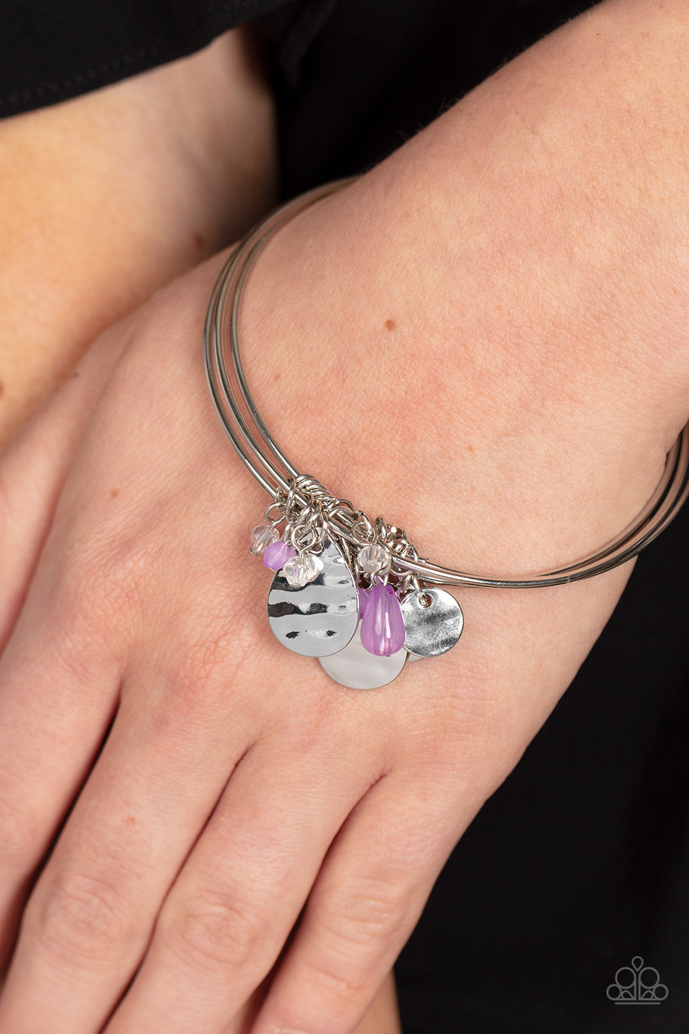 Secret Paradise - Purple Bead Silver Bangle Bracelet Set