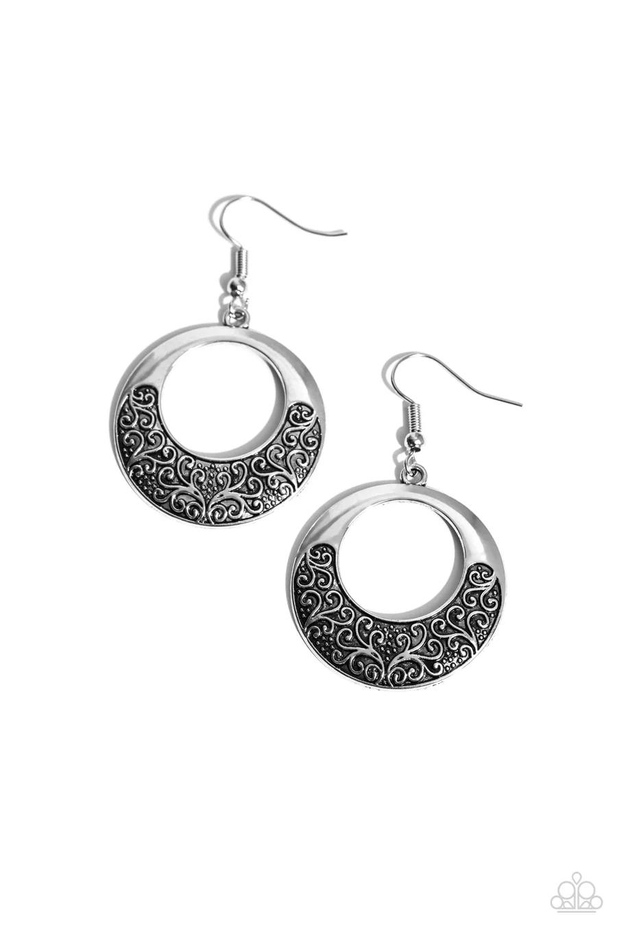 Secret Vineyards - Silver Floral Filigree Circle Fishhook Earrings