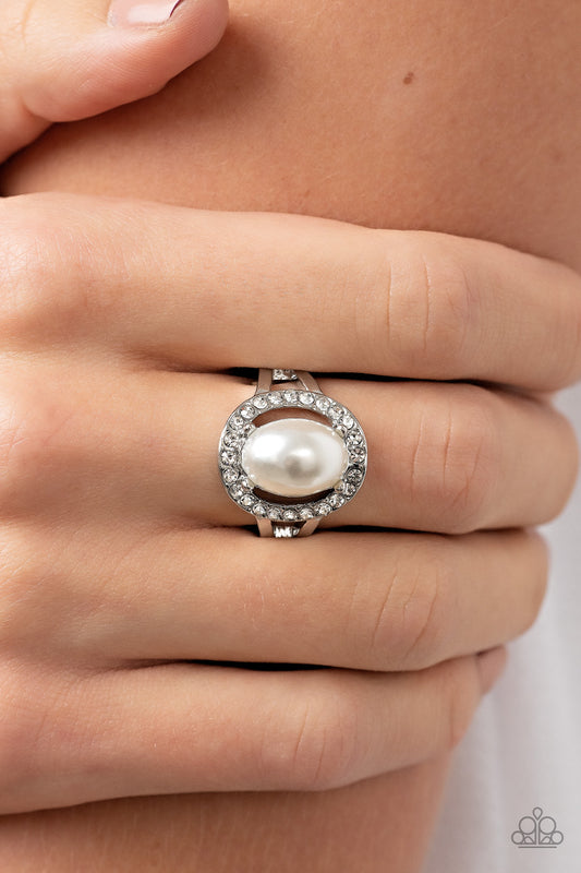 Seize the Shimmer - White Pearl White Rhinestones Silver Ring