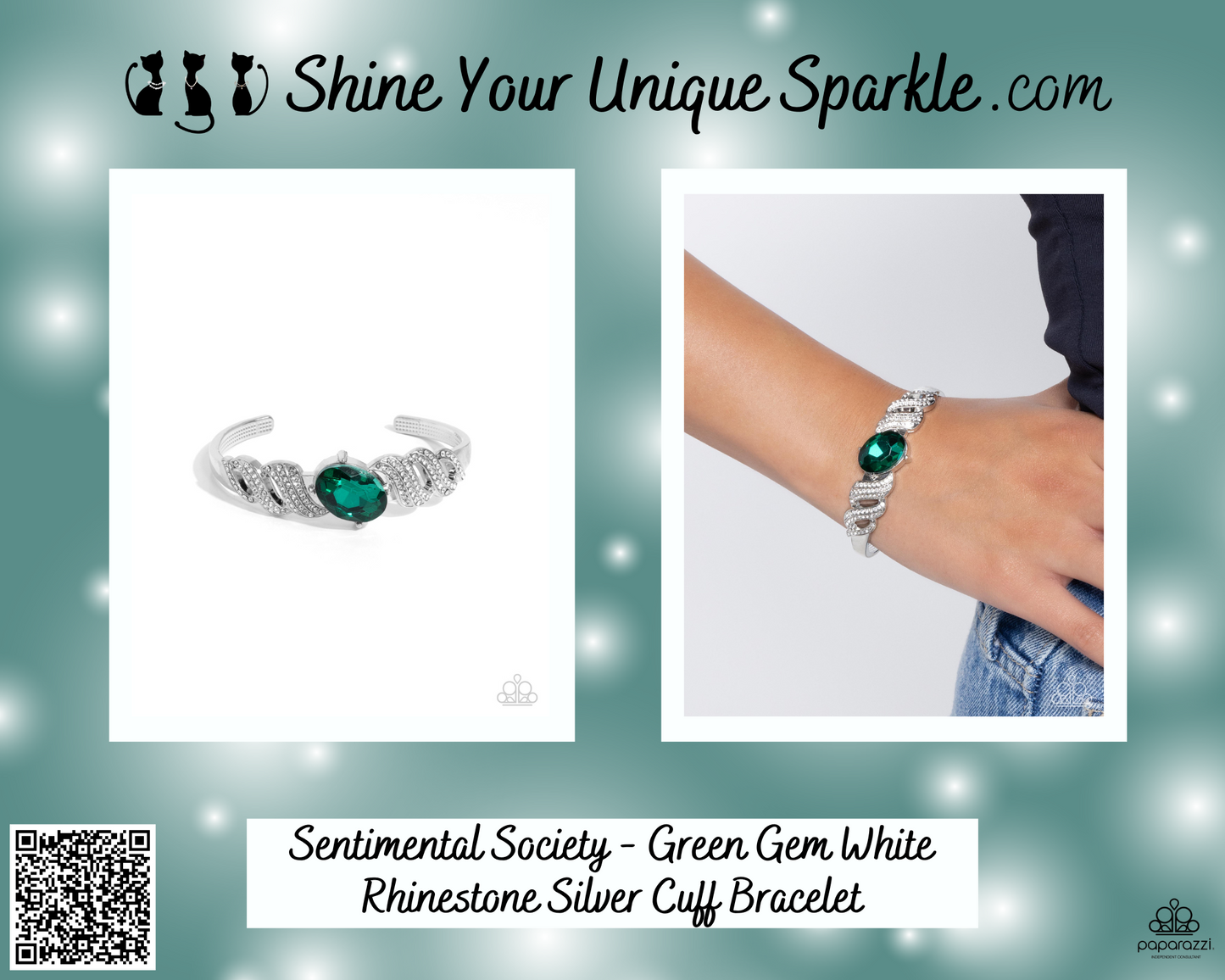 Sentimental Society - Green Gem White Rhinestone Silver Cuff Bracelet