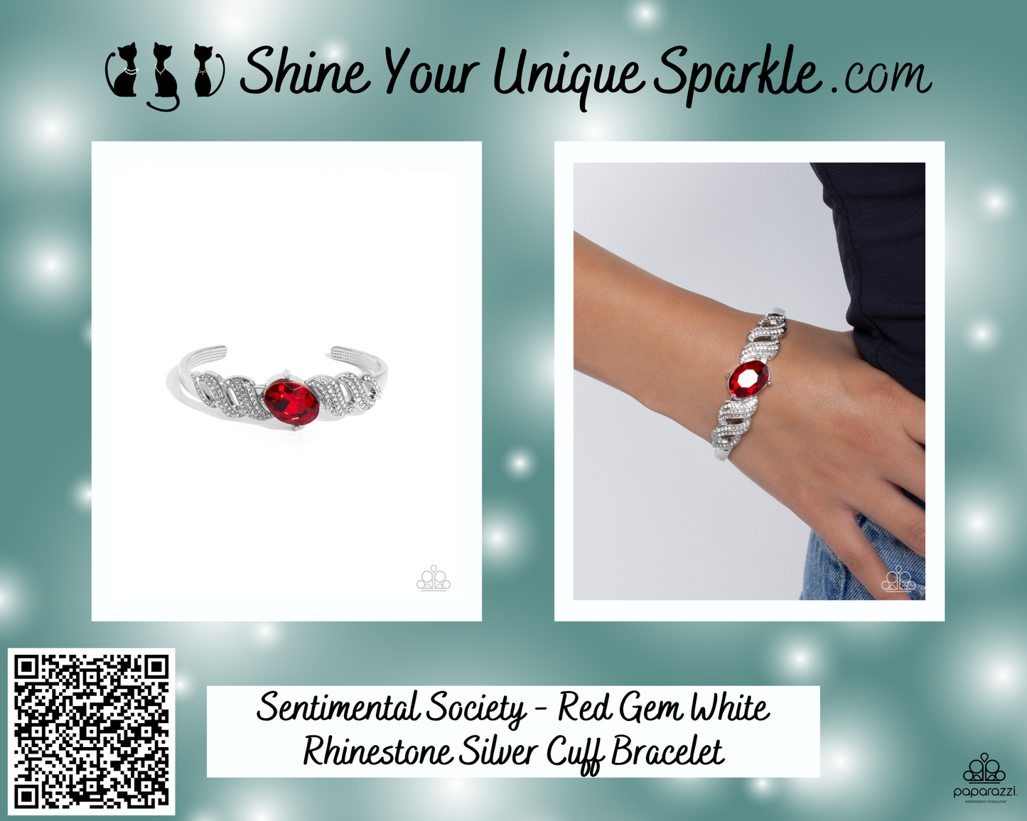 Sentimental Society - Red Gem White Rhinestone Silver Cuff Bracelet
