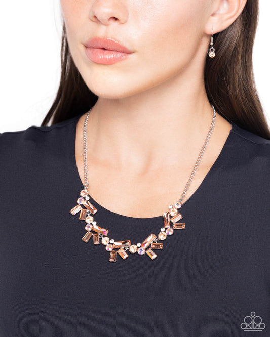 Serene Statement - Orange Iridescent, Peach, and UV Rhinestones and Gems Silver Short Necklace