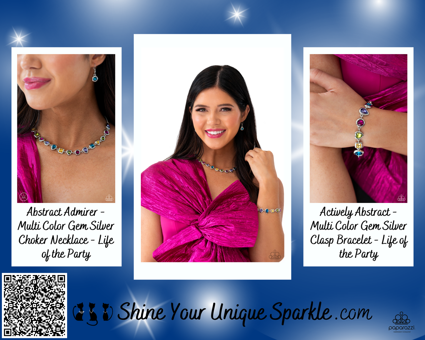 PERFECT MATCH / SET: Abstract Admirer - Multi Color Gem Silver Choker Necklace AND Actively Abstract - Multi Color Gem Silver Clasp Bracelet - Life of the Party