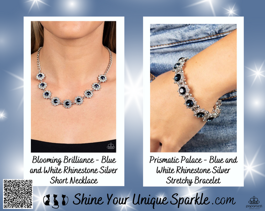 PERFECT MATCH / SET: Blooming Brilliance - Blue and White Rhinestone Silver Necklace AND Prismatic Palace - Blue and White Rhinestone Silver Stretchy Bracelet