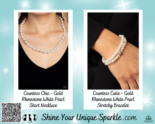 PERFECT MATCH / SET: Countess Chic - Gold Rhinestone White Pearl Short Necklace AND Countess Cutie - Gold Rhinestone White Pearl Stretchy Bracelet