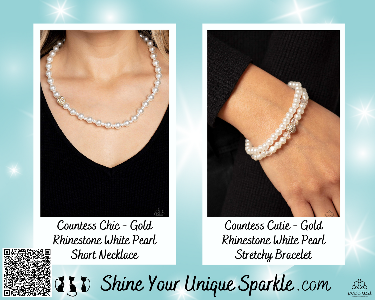 Countess Cutie - Gold Rhinestone White Pearl Stretchy Bracelet