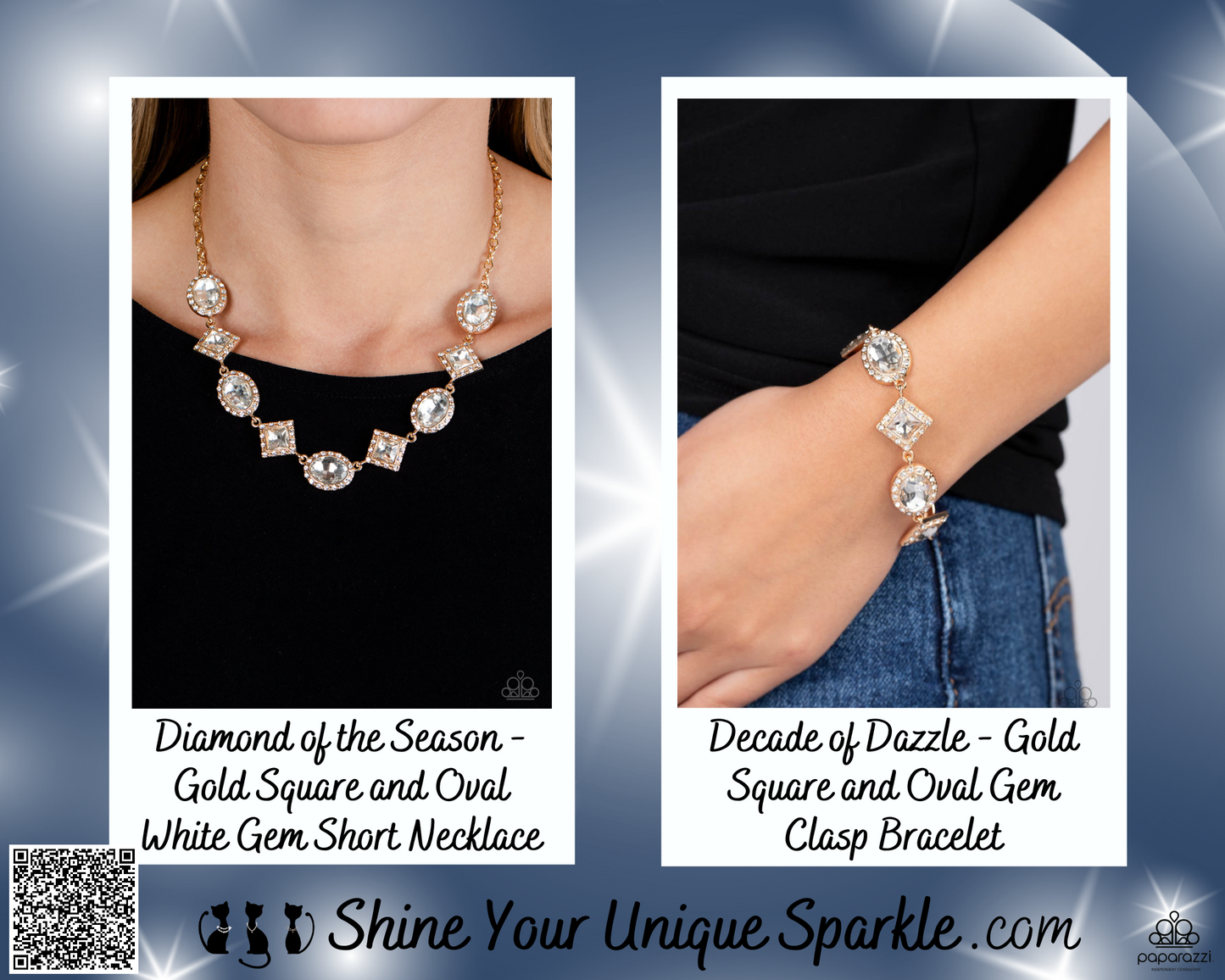 Diamond of the Season - Gold Square and Oval White Gem Short Necklace