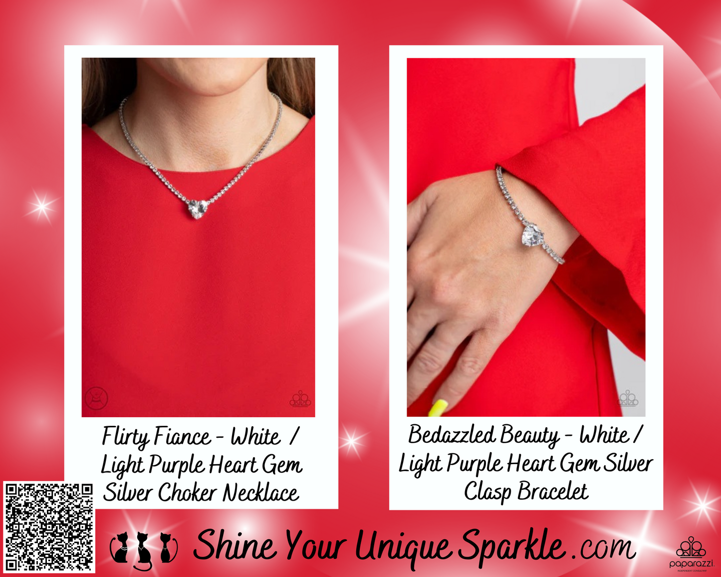 Flirty Fiance - White / Light Purple Heart Gem Silver Choker Necklace