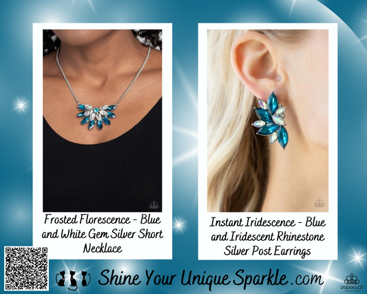 PERFECT MATCH / SET: Frosted Florescence - Blue and White Gem Silver Short Necklace AND Instant Iridescence - Blue and Iridescent Rhinestone Silver Post Earrings