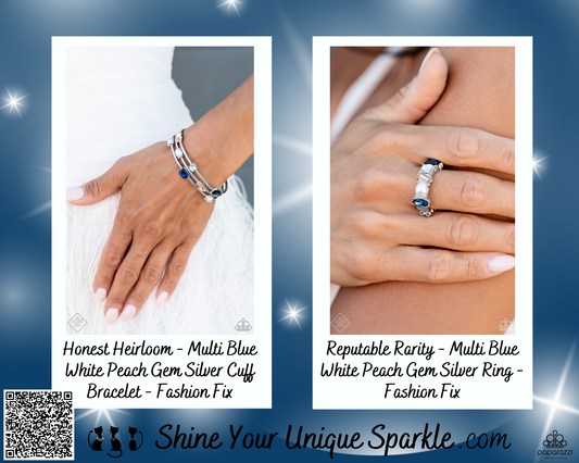 PERFECT MATCH / SET: Honest Heirloom - Multi Blue White Peach Gem Silver Cuff Bracelet AND Reputable Rarity - Multi Blue White Peach Gem Silver Ring - Fashion Fix