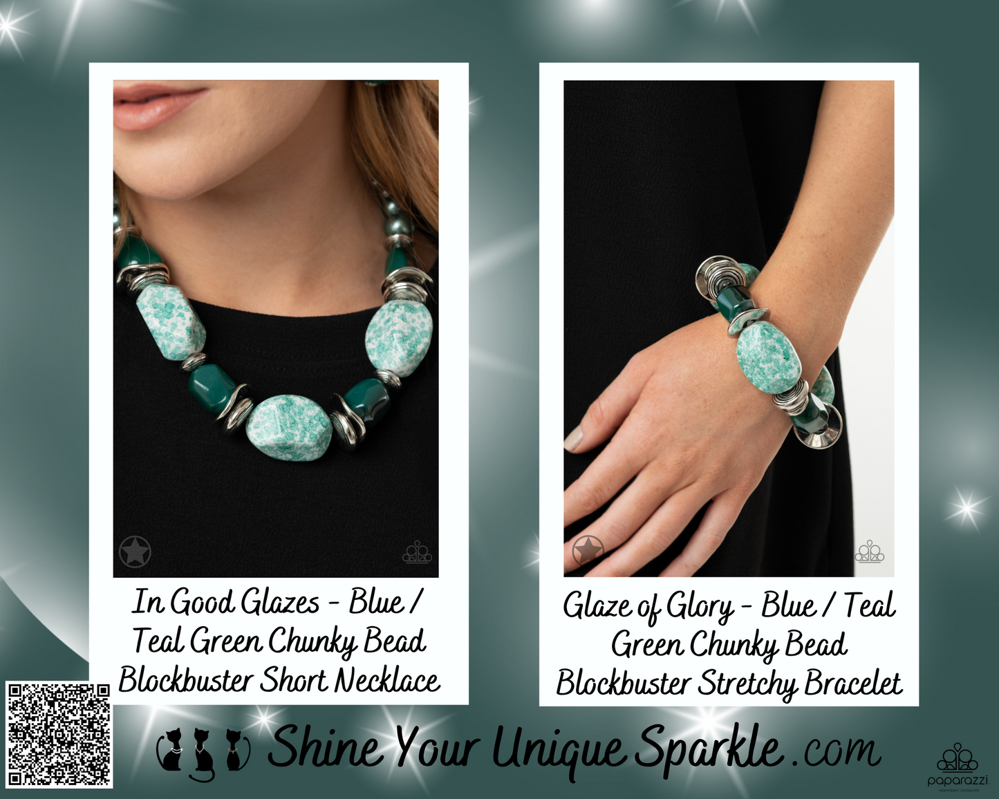 PERFECT MATCH / SET: In Good Glazes - Blue / Teal Green Chunky Bead Blockbuster Short Necklace AND Glaze of Glory - Blue / Teal Grean Chunky Bead Blockbuster Stretchy Bracelet