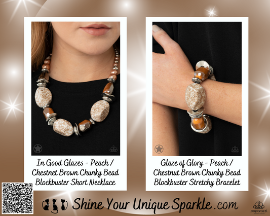 PERFECT MATCH / SET: In Good Glazes - Peach / Chestnet Brown Chunky Bead Blockbuster Necklace and Glaze of Glory - Peach / Chestnut Brown Chunky Bead Blockbuster Bracelet