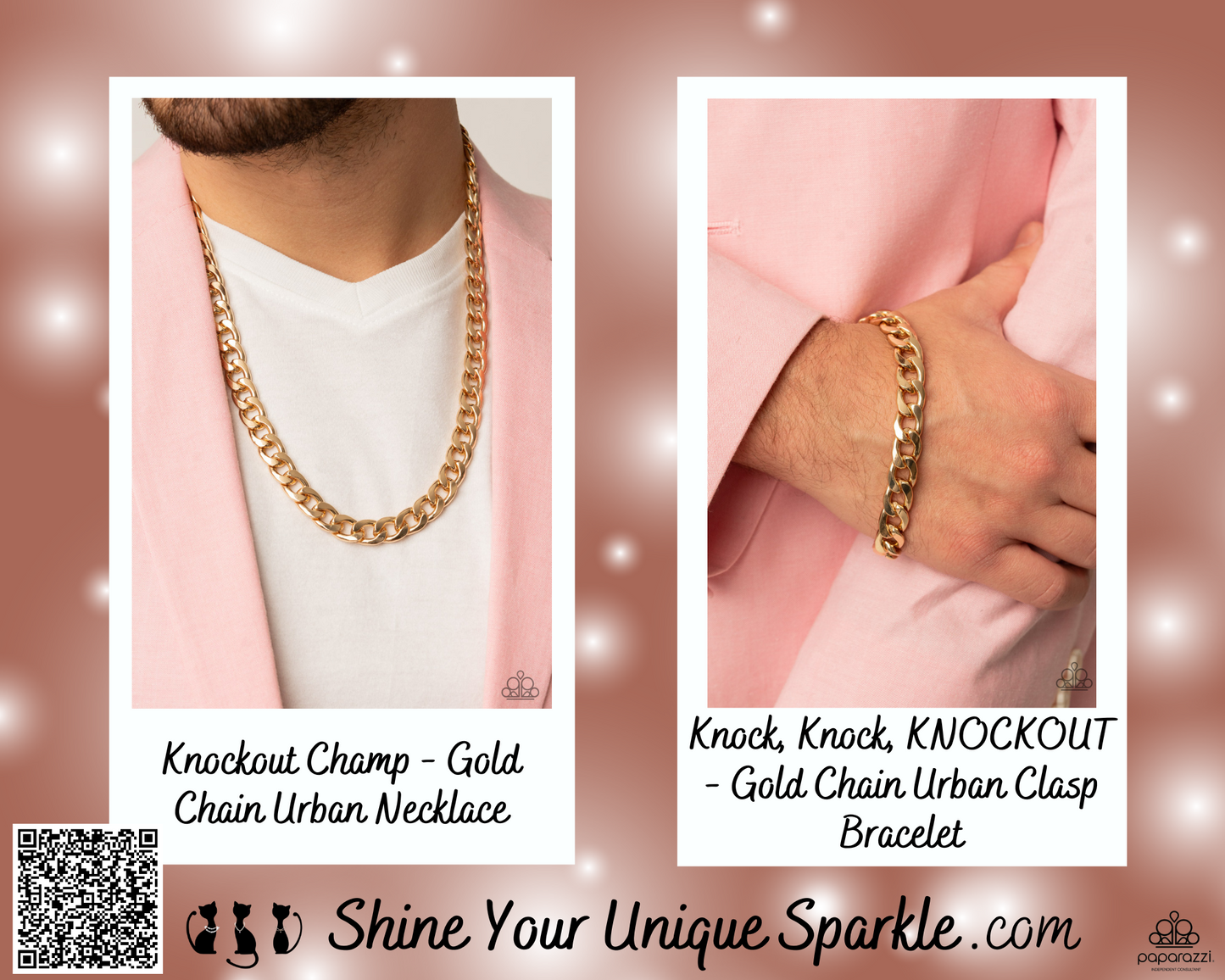 PERFECT MATCH / SET: Knockout Champ - Gold Chain Urban Necklace AND Knock, Knock, KNOCKOUT - Gold Chain Urban Clasp Bracelet