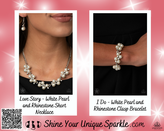 PERFECT MATCH / SET: Love Story - White Pearl and Rhinestone Short Necklace AND I Do - White Pearl and Rhinestone Clasp Bracelet