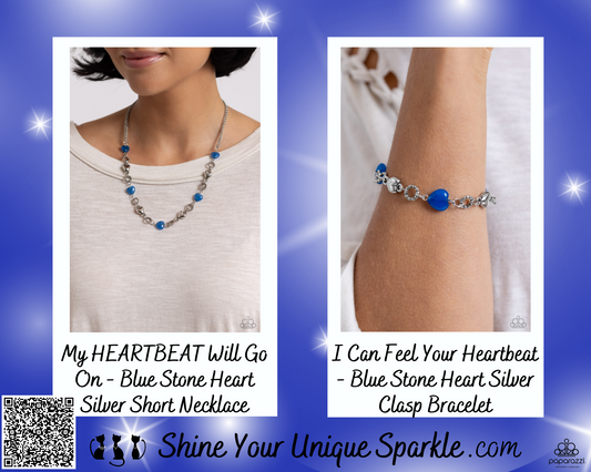 PERFECT MATCH / SET: My HEARTBEAT Will Go On - Blue Stone Heart Silver Short Necklace AND I Can Feel Your Heartbeat - Blue Stone Heart Silver Clasp Bracelet