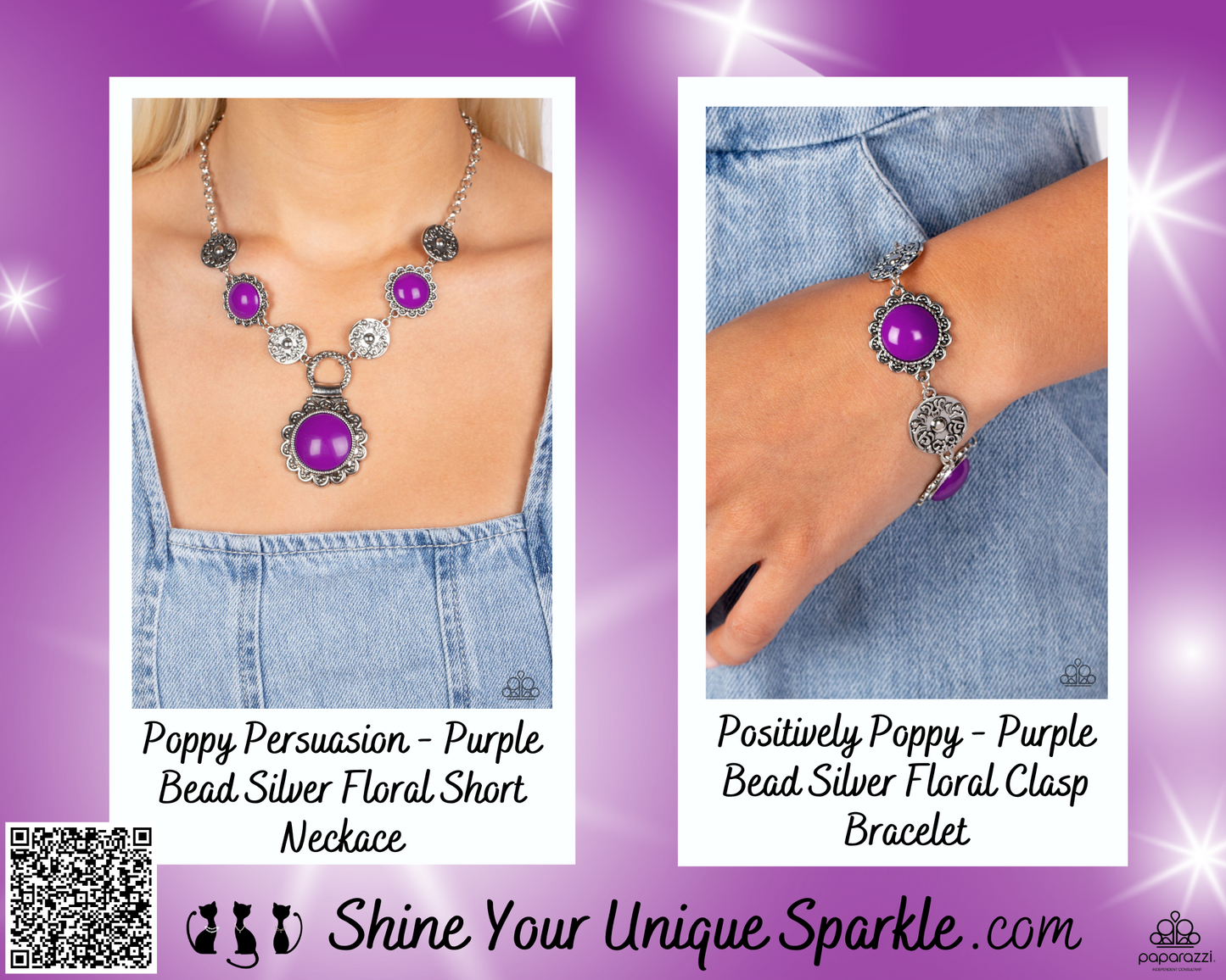 PERFECT MATCH / SET: Poppy Persuasion - Purple Bead Silver Floral Short Neckace AND Positively Poppy - Purple Bead Silver Floral Clasp Bracelet