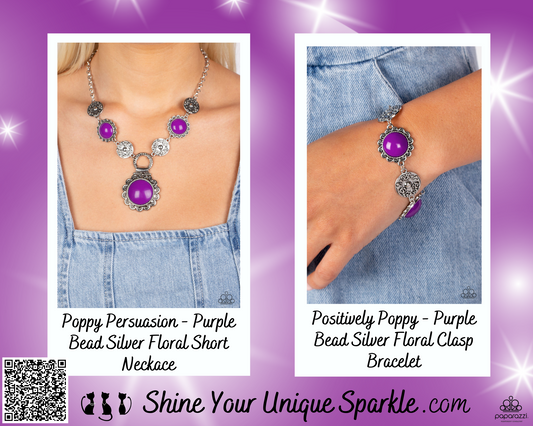 PERFECT MATCH / SET: Poppy Persuasion - Purple Bead Silver Floral Short Neckace AND Positively Poppy - Purple Bead Silver Floral Clasp Bracelet