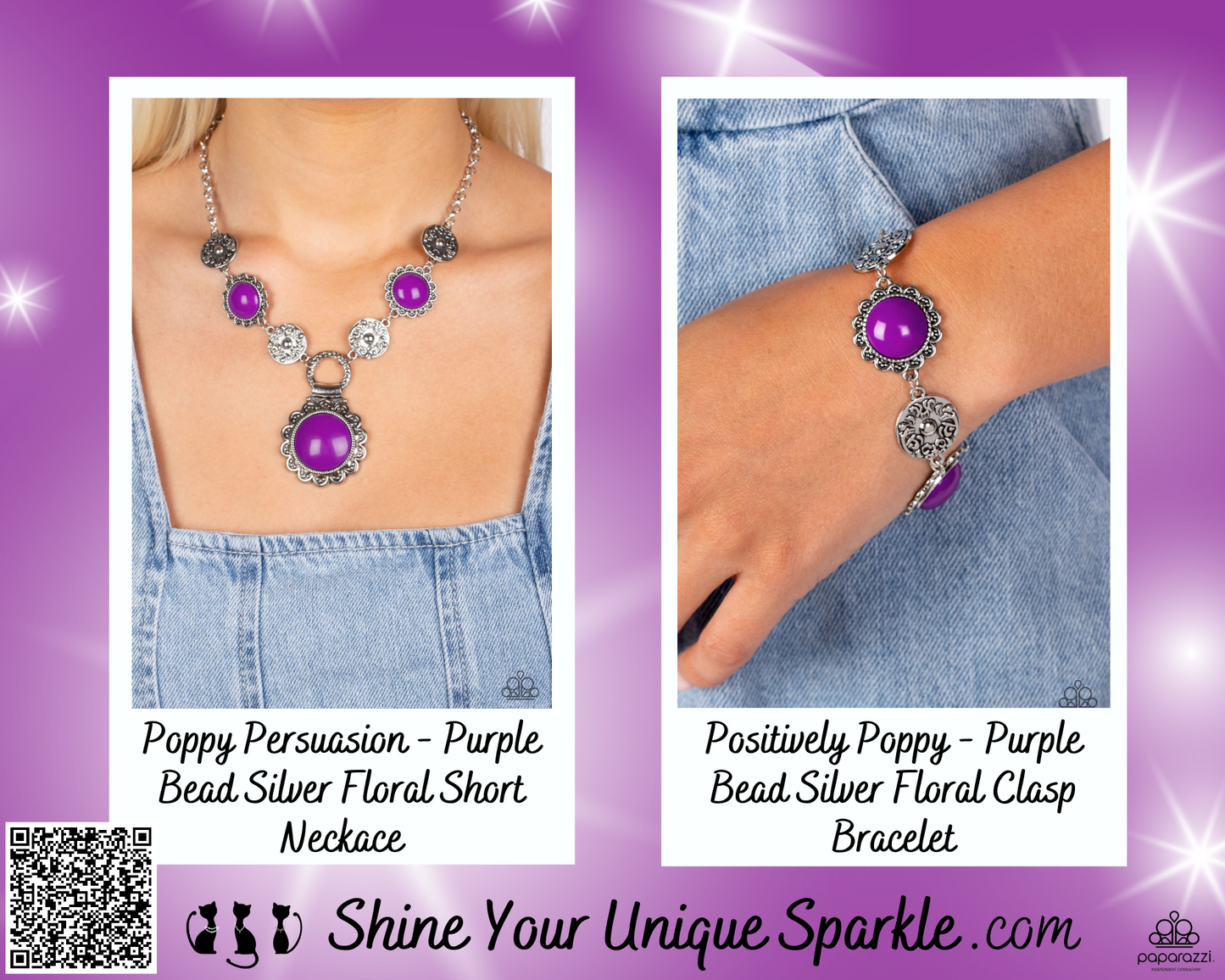 Positively Poppy - Purple Bead Silver Floral Clasp Bracelet