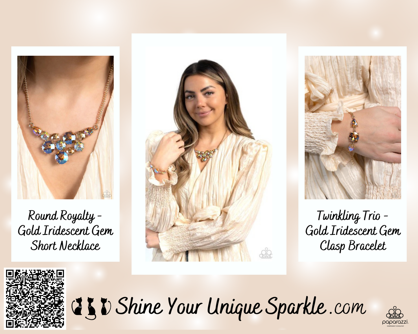 PERFECT MATCH / SET: Round Royalty - Gold Iridescent Gem Short Necklace AND Twinkling Trio - Gold Iridescent Gem Clasp Bracelet