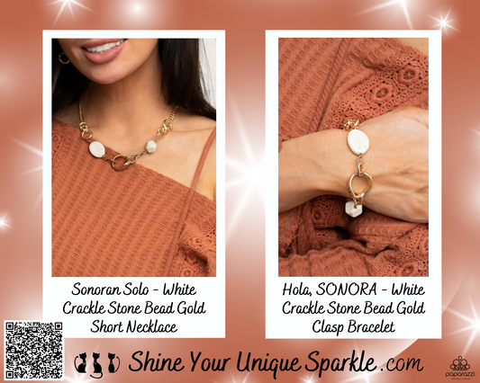 PERFECT MATCH / SET: Sonoran Solo - White Crackle Stone Bead Gold Short Necklace AND Hola, SONORA - White Crackle Stone Bead Gold Clasp Bracelet