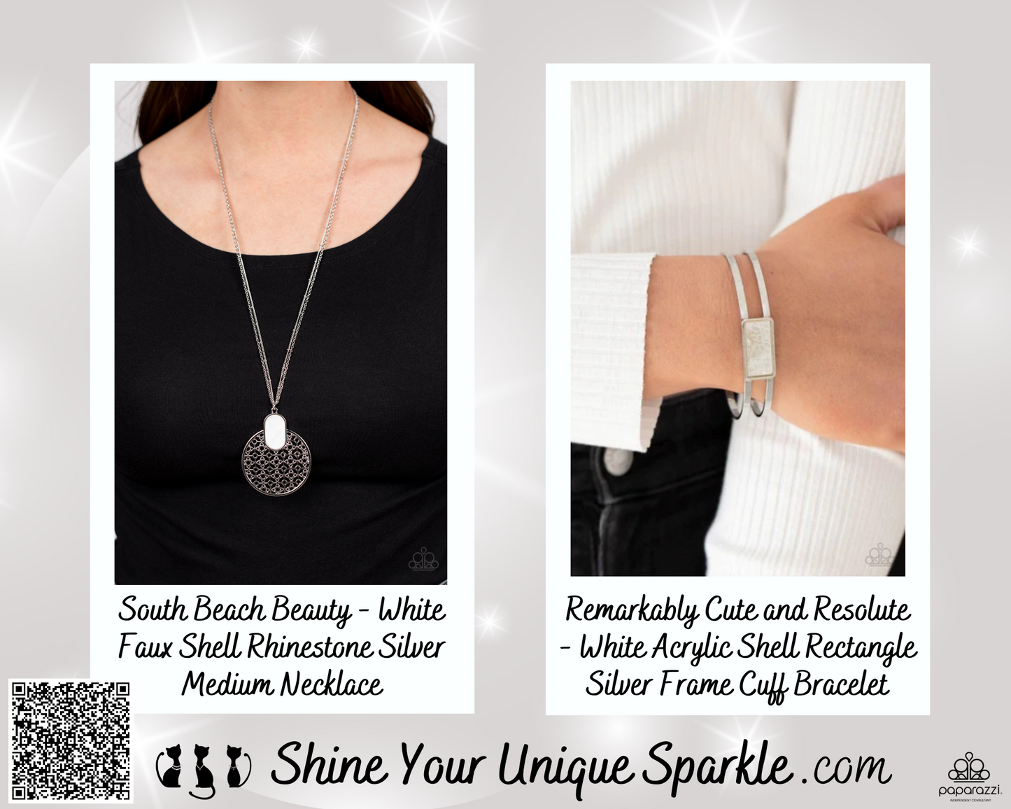 PERFECT MATCH / SET: South Beach Beauty - White Faux Shell Rhinestone Silver Medium Necklace AND Remarkably Cute and Resolute - White Acrylic Shell Rectangle Silver Frame Cuff Bracelet