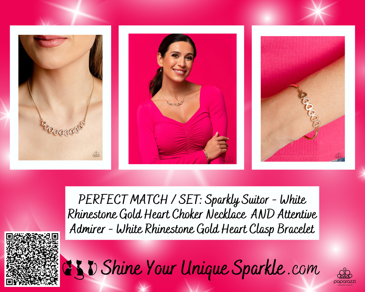 Attentive Admirer - White Rhinestone Gold Heart Clasp Bracelet