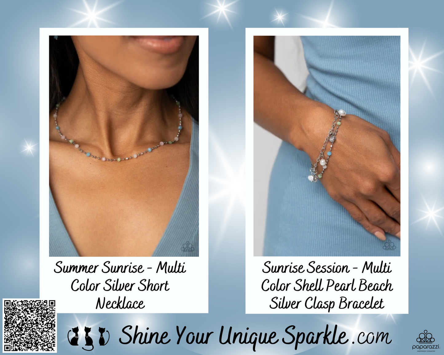 PERFECT MATCH / SET: Summer Sunrise - Multi Color Silver Short Necklace AND Sunrise Session - Multi Color Shell Pearl Beach Silver Clasp Bracelet