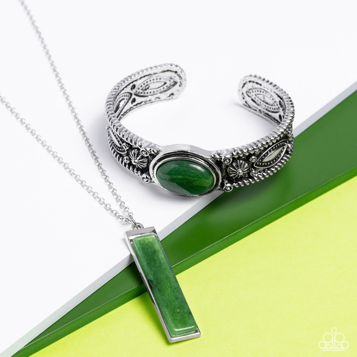 PERFECT MATCH / SET: Set in GEMSTONE - Green Jade Stone Rectangle Silver Pendant Long Necklace AND Rural Repose - Green Jade Silver Cuff Bracelet