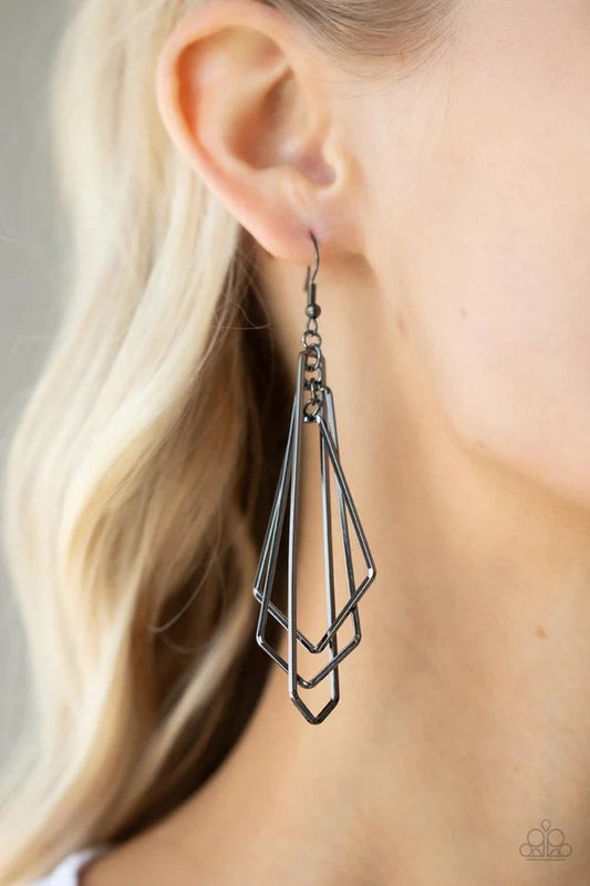 Shape Shifting Shimmer - Black Gunmetal Geometric Dangle Fishhook Earrings