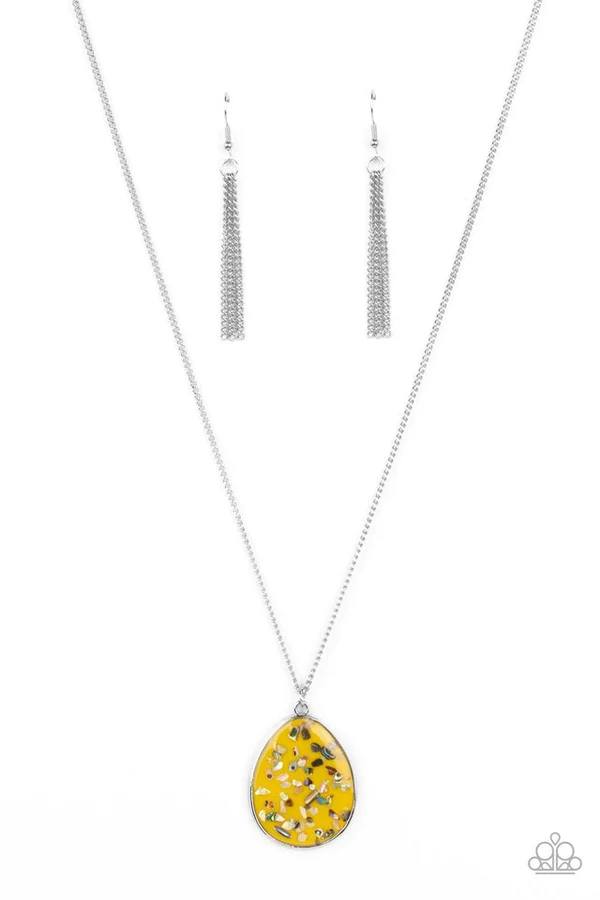 Shimmering Seafloors - Yellow Teardrop Stone Silver Medium Length Necklace