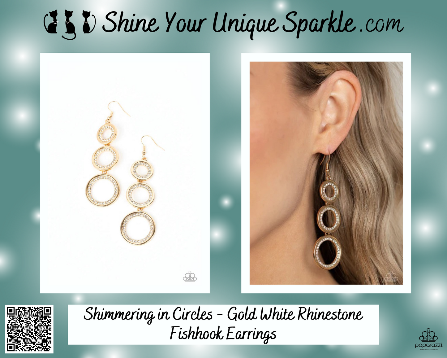 Shimmering in Circles - Gold White Rhinestone Fishhook Earrings