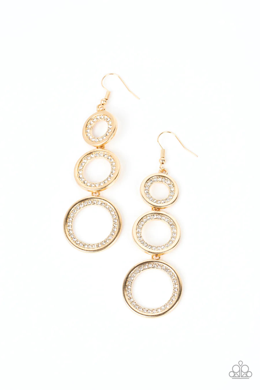 Shimmering in Circles - Gold White Rhinestone Fishhook Earrings