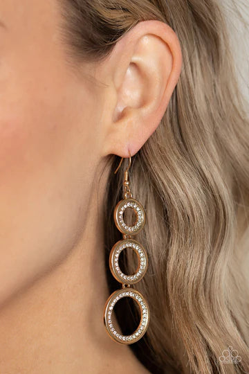 Shimmering in Circles - Gold White Rhinestone Fishhook Earrings