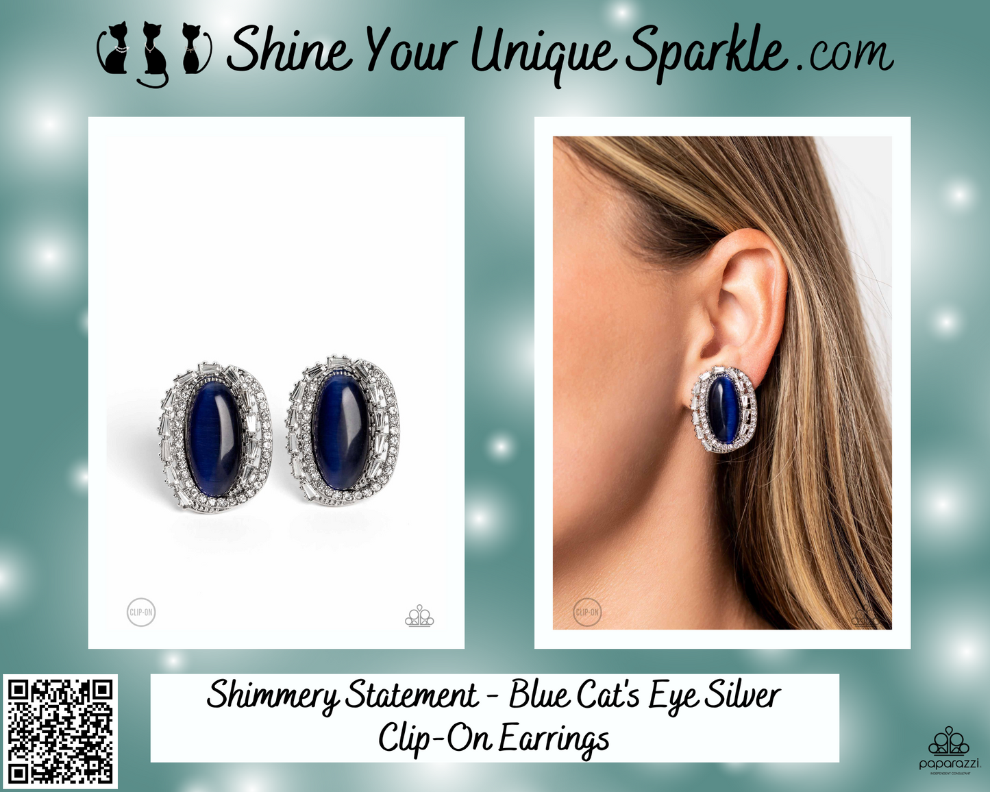 Shimmery Statement - Blue Cat's Eye Silver Clip-On Earrings