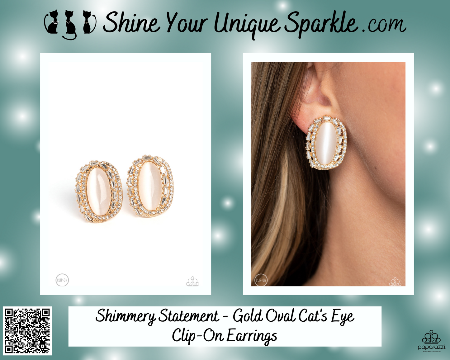 Shimmery Statement - Gold Oval Cat's Eye Clip-On Earrings